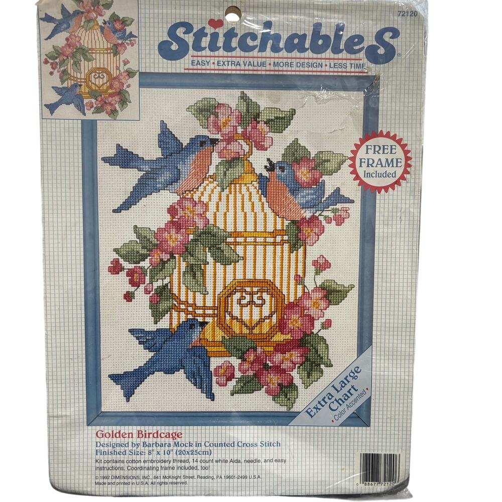 Stitchables Counted Cross Stitch Kit #72120 Golden Birdcage NOS 1992 8" x 10"